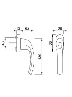 Klamka okienna Tokyo z przyciskiem F1/srebro trzpień 37 mm