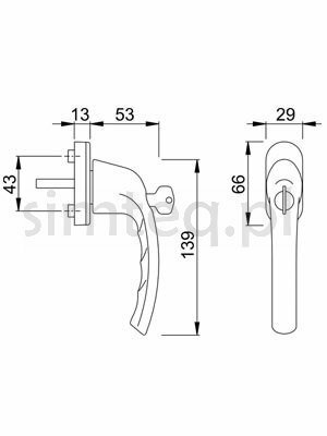 Klamka z kluczem okienna Tokyo F1/srebro trzpień 43 mm
