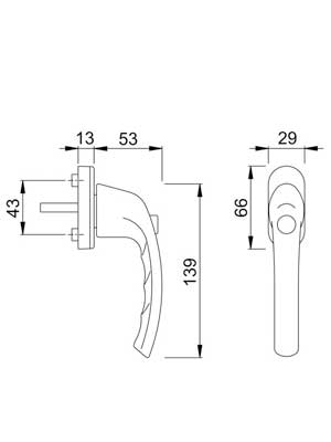 Klamka okienna Tokyo z przyciskiem F1/srebro trzpień 43 mm